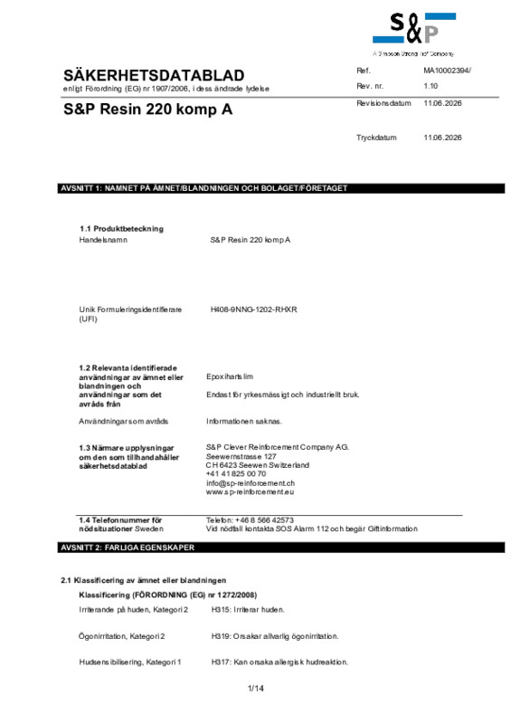 S&P Resin 220, Component A Säkerhetsdatablad (SDS)