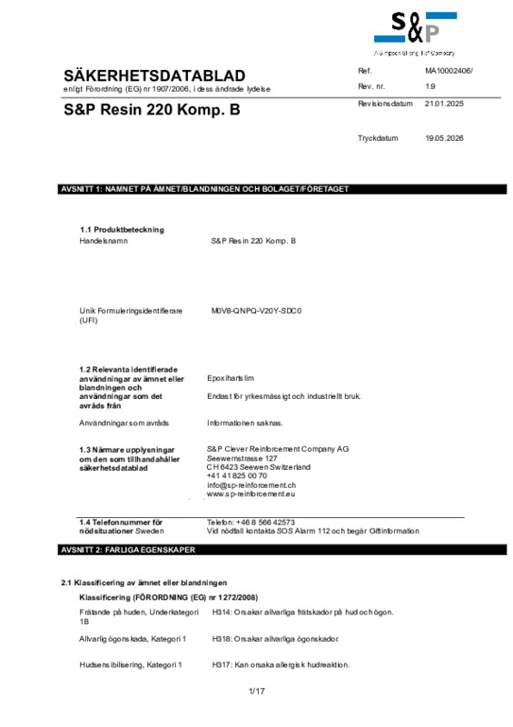 S&P Resin 220, Component B Säkerhetsdatablad (SDS)